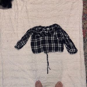 Navy and White Plaid crop Top tie cinch waist light airy casual spring blouse